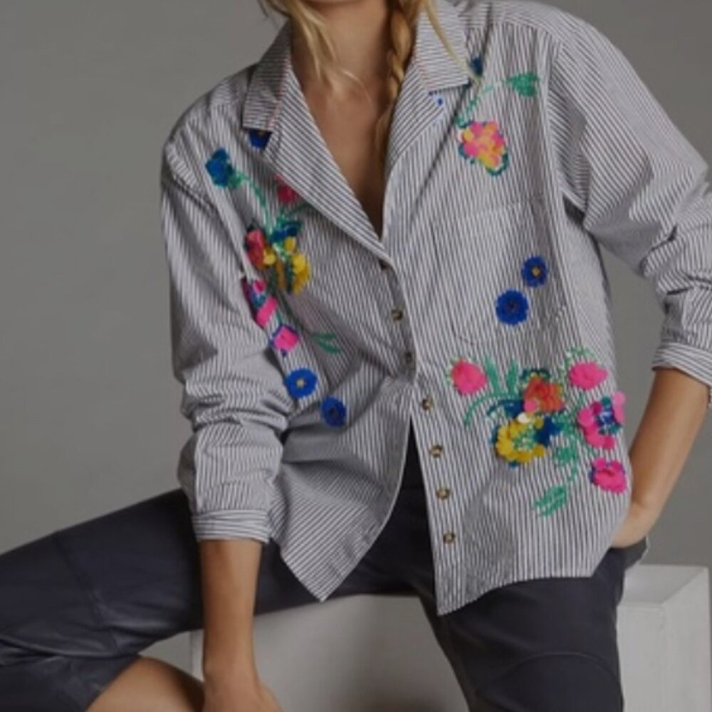 Vintage Anthrologie Maeve Blue and White striped button down Sequin Flowers sz 6